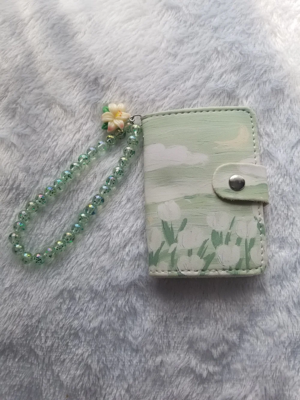 Pastel Green Floral Card Holder with Beaded Strap